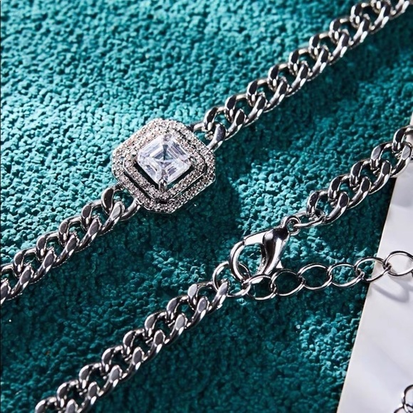 💎Street Fashion Silver Toned Zirconia Chain Necklace princess cut - Picture 7 of 10